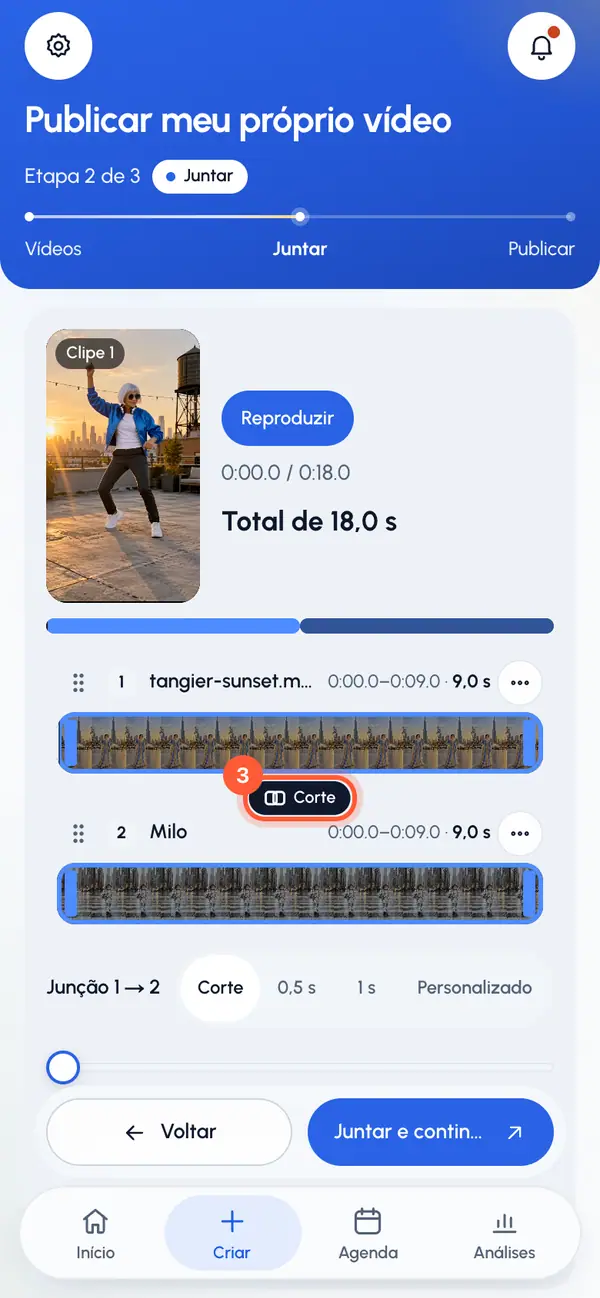 Toque no botão entre dois clipes para escolher a junção: Corte para um corte seco, uma transição suave de 0,5 ou 1 segundo, ou Personalizado para ajustar com o controle deslizante.