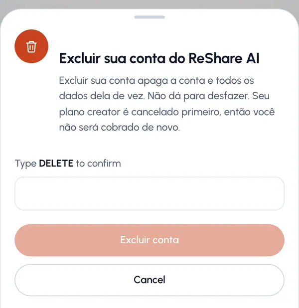 Digite DELETE na caixa e toque em Excluir conta de novo.