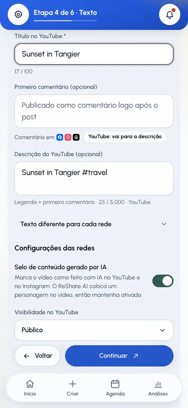 Configurações do YouTube, do Instagram e do Facebook