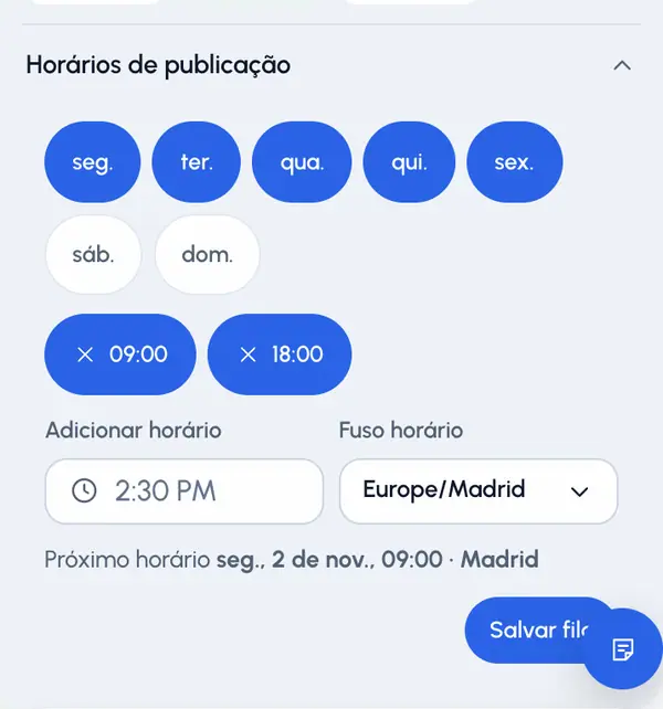 No cartão do perfil, abra Horários de publicação.