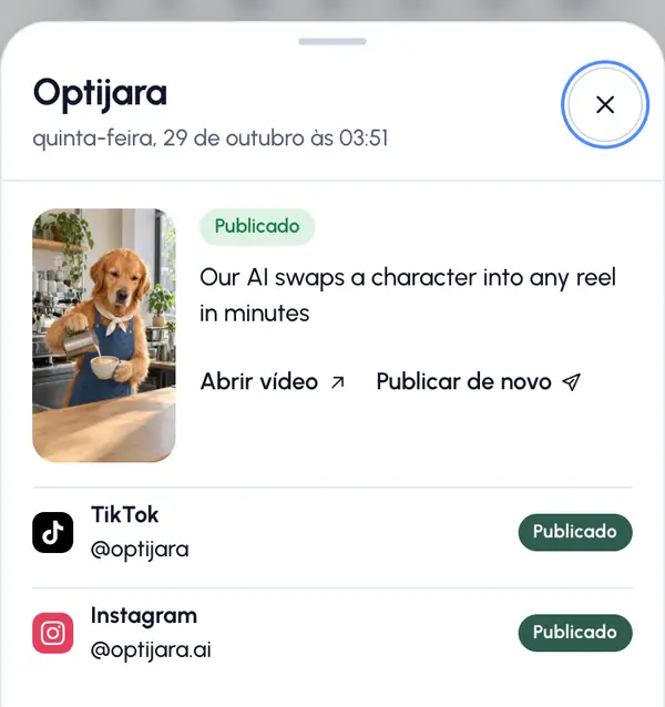 Botões com o que você pode fazer em seguida, como reagendar um post agendado ou tentar de novo um que falhou.