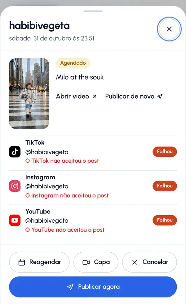 Mudar, cancelar ou repetir um post