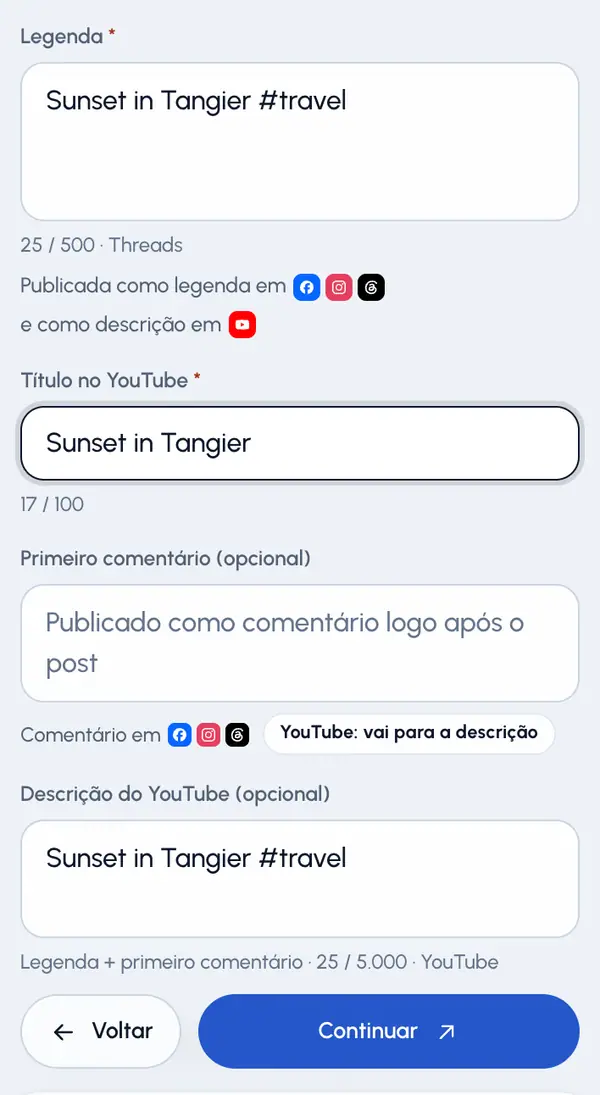 Leia a linha abaixo do contador. Ela mostra onde a legenda entra: como legenda na maioria das redes e como descrição no YouTube.