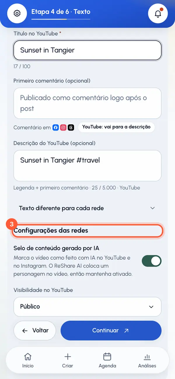 Em Configurações das redes, encontre Selo de conteúdo gerado por IA.