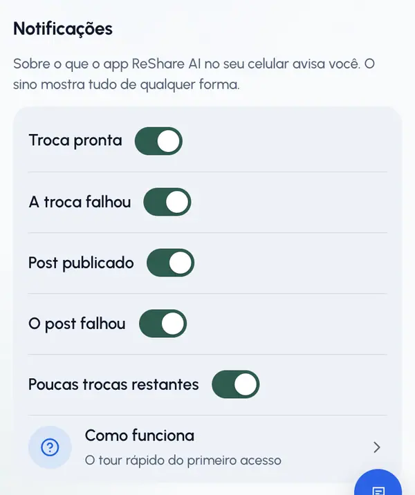 Ative ou desative cada tipo: Troca pronta, A troca falhou, Post publicado, O post falhou e Poucas trocas restantes.