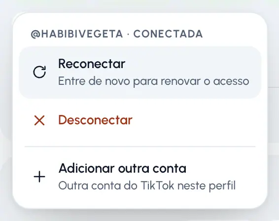 No perfil, toque no bloco da rede. Um menu lista cada conta dessa rede.