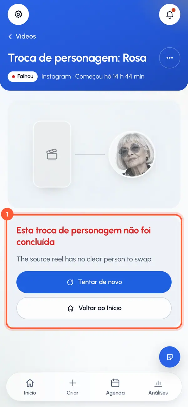 Abra o vídeo que falhou. A página mostra um motivo curto, quando há um. Caso contrário, ela diz que algo deu errado ao fazer a troca.